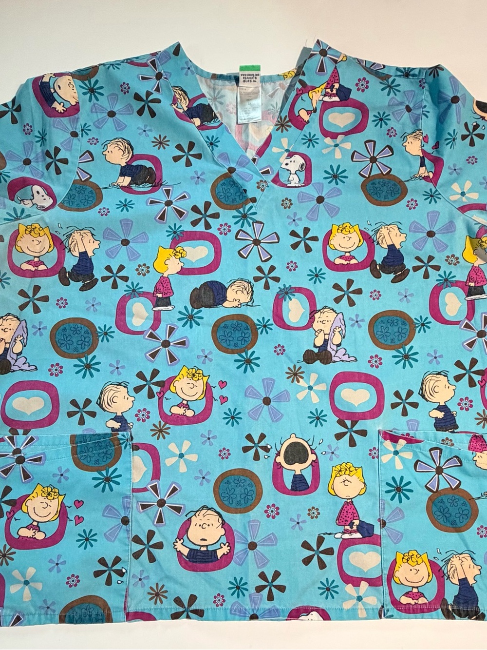 Peanuts Floral Heart Print Scrub Top - Aqua, Pink, Purple
